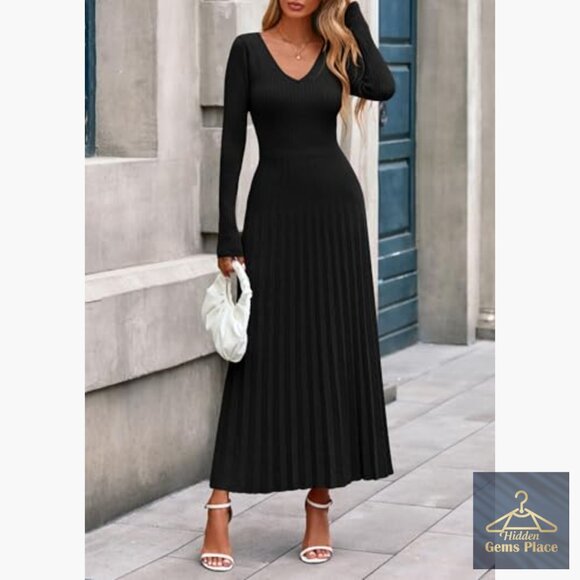 Long Sleeve V-Neck Ribbed Knit Pleated Maxi Sweater Dress - Picture 2 of 7